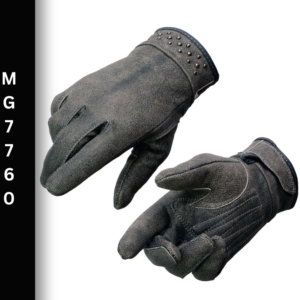 A pair of gloves with rivets on the top.