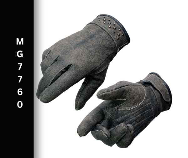 A pair of gloves with rivets on the top.
