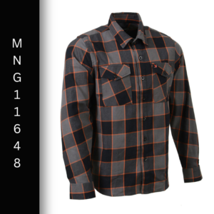 A black and gray checkered shirt with orange trim.