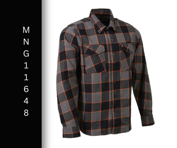 A black and gray checkered shirt with orange trim.
