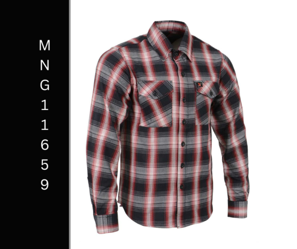 A man wearing a plaid shirt with long sleeves.