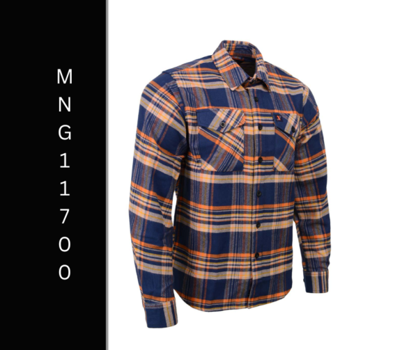 A man wearing a plaid shirt with long sleeves.