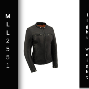 A black leather jacket with the words mlll 2 5 5 1 light weight