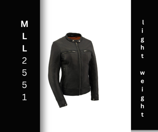 A black leather jacket with the words mlll 2 5 5 1 light weight