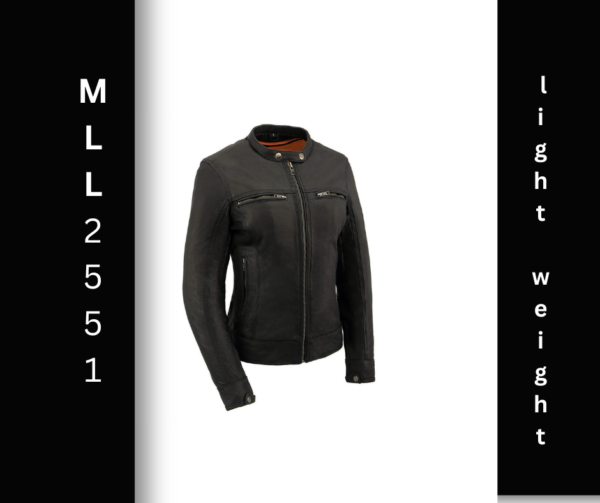 A black leather jacket with the words " mlll 2 5 5 1 light weight ".
