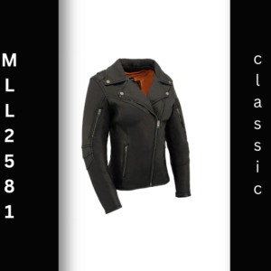 A black leather jacket with orange lining.
