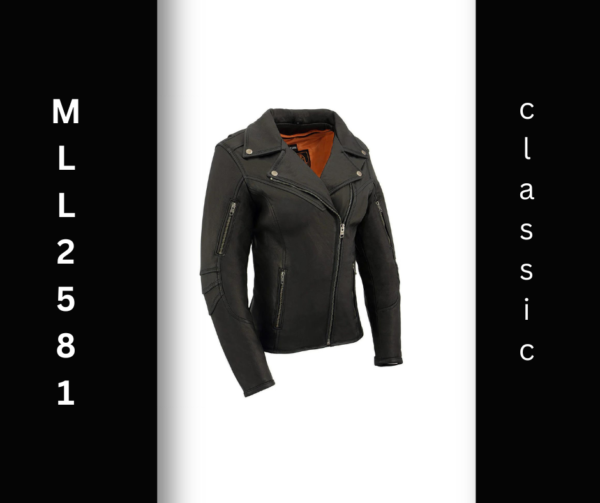 A black leather jacket with orange lining.