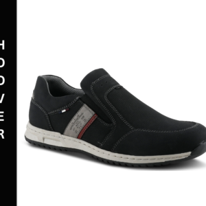 A black shoe with white and red stripes on the side.