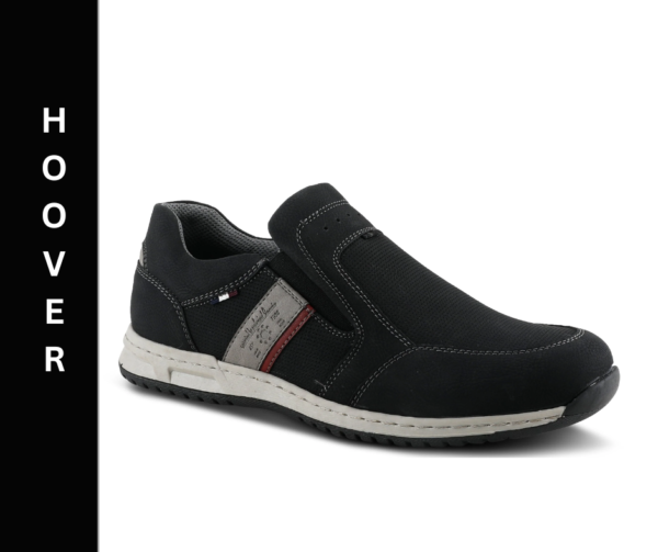 A black shoe with white and red stripes on the side.