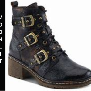 A brown boot with three buckles on the side.