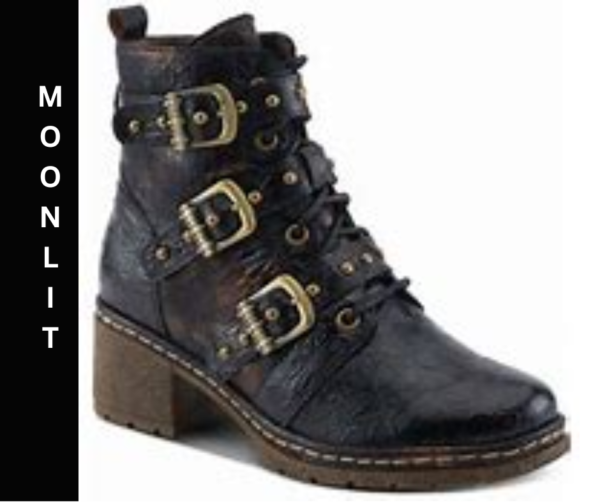 A brown boot with three buckles on the side.