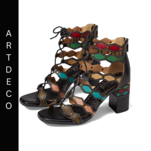 A pair of shoes with colorful laces and heels.