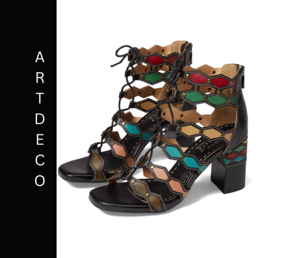 A pair of shoes with colorful laces and heels.