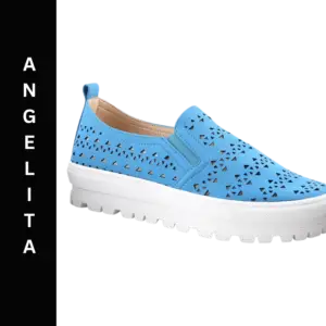A blue shoe with white sole and black star pattern.