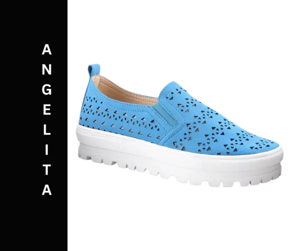 A blue shoe with white sole and black star pattern.
