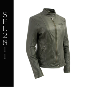 A woman wearing a green leather jacket.