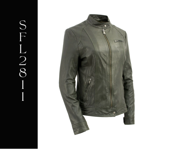 A woman wearing a green leather jacket.