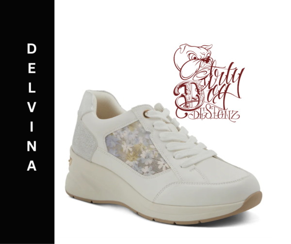 A white sneaker with flowers on the side.