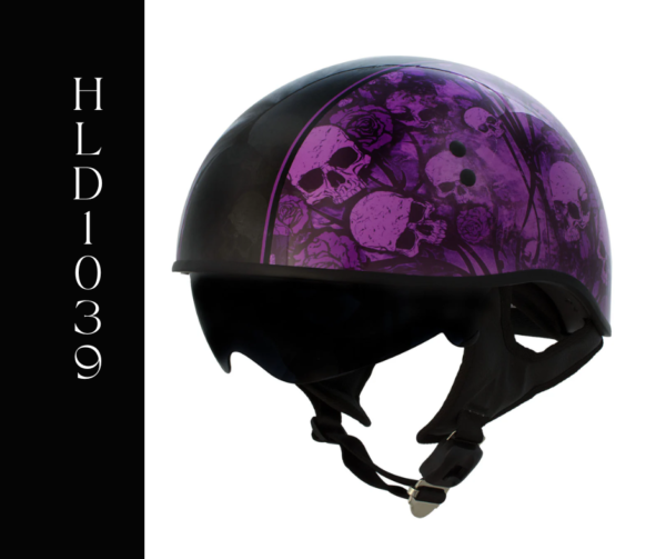 A purple helmet with skulls on it.