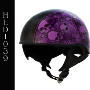 A purple helmet with skulls on it.