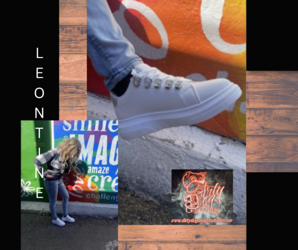 A collage of shoes and a person sitting on the ground.