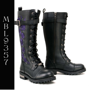A pair of boots with purple flowers on them.