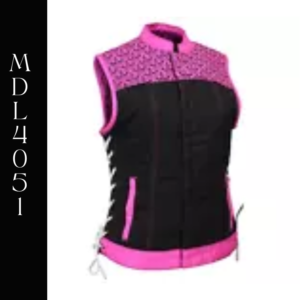 A black and pink vest with lace on the side.