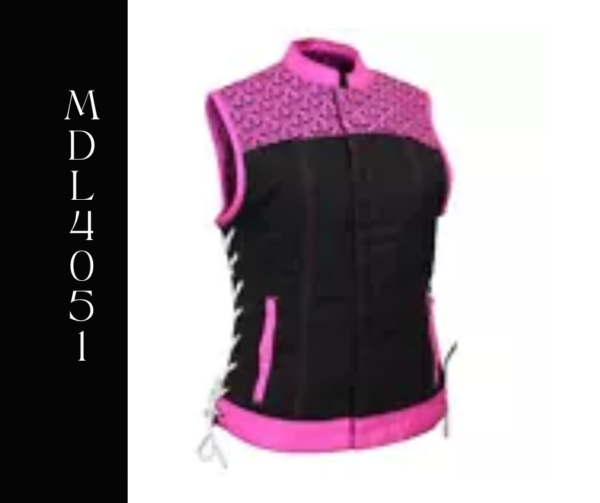 A black and pink vest with lace on the side.