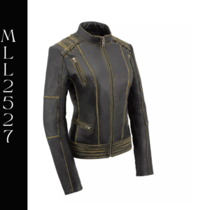A black leather jacket with gold trim on it.
