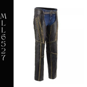 A pair of black leather chaps with blue jeans.