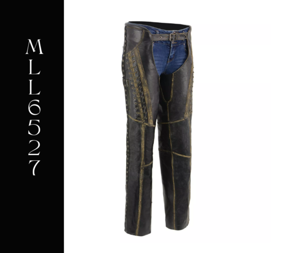 A pair of black leather chaps with blue jeans.