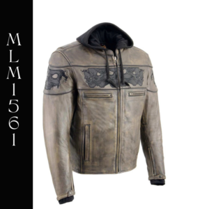 A leather jacket with hood and two front pockets.