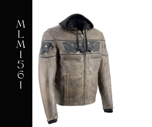 A leather jacket with hood and two front pockets.