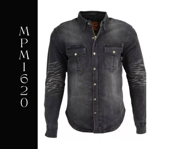 A black denim shirt with two pockets on the front.