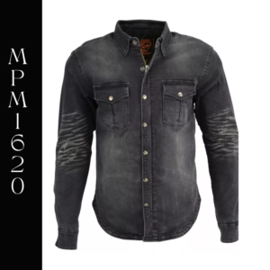 A black denim shirt with two pockets on the front.