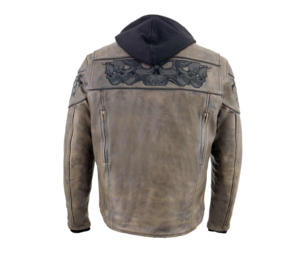 A brown leather jacket with a black hood.