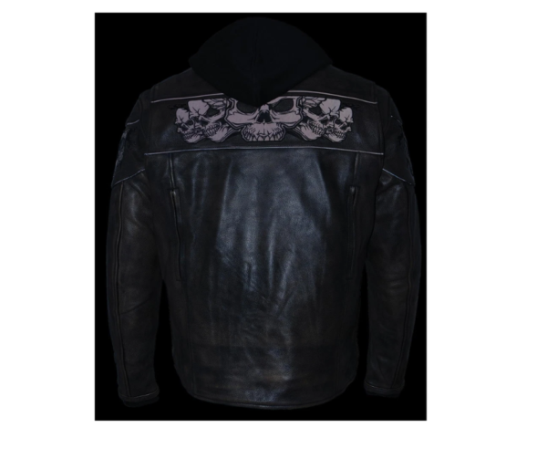 A black leather jacket with skulls on it