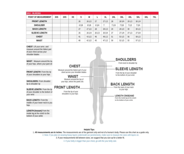 A chart showing the size of each piece of clothing.