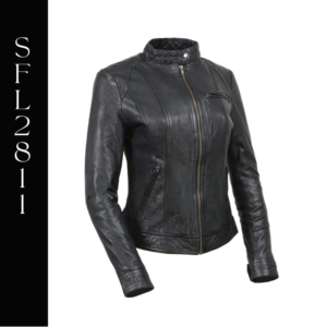 A black leather jacket with a gold zipper.