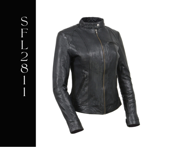 A black leather jacket with a gold zipper.