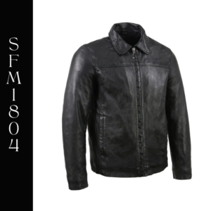 A black leather jacket with a button down collar.