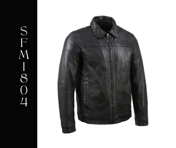 A black leather jacket with a button down collar.