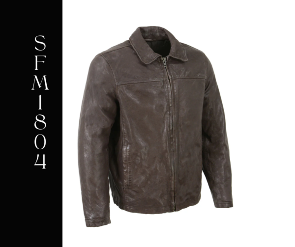 A brown leather jacket with a black collar.