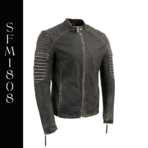 A black leather jacket with silver stripes on the sleeves.