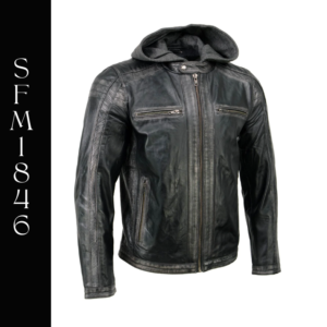 A black leather jacket with hood on top of it.