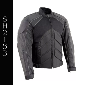 A black and gray motorcycle jacket is shown.