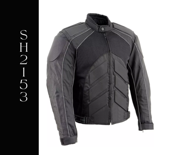 A black and gray motorcycle jacket is shown.