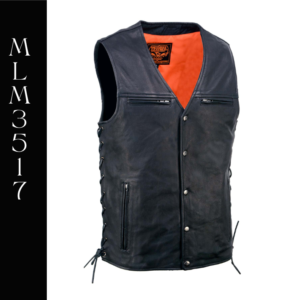 A black leather vest with orange lining.