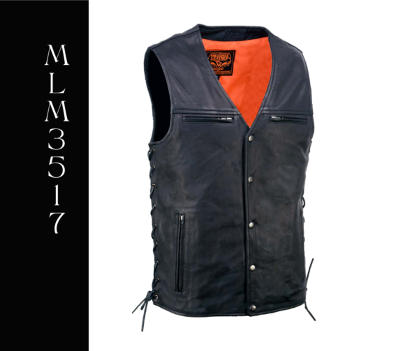 A black leather vest with orange lining.