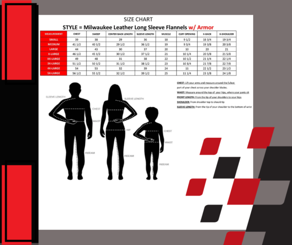 A chart showing the size of a woman and two men.